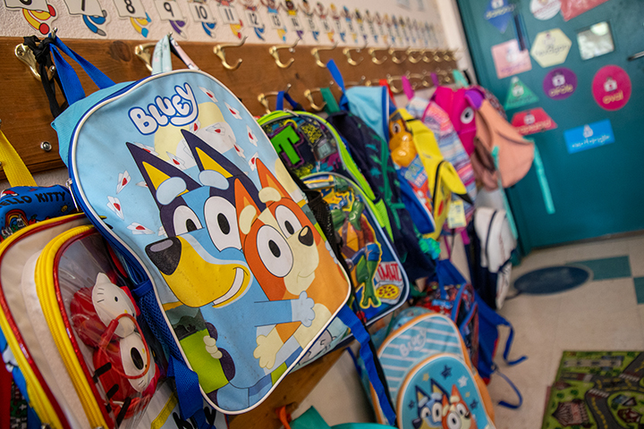 A row of students' backpacks