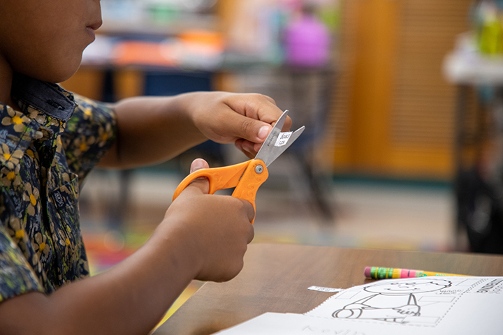 A boy cuts out a piece of paper with orange scissors